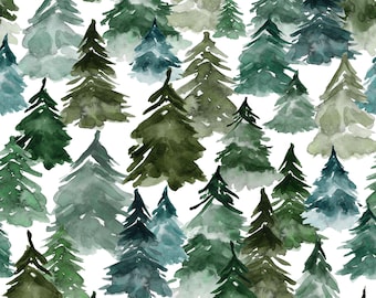 Watercolor Forest Trees Fabric, Woodland Gender Neutral Nursery, Nature, Cotton Fabric by the Yard
