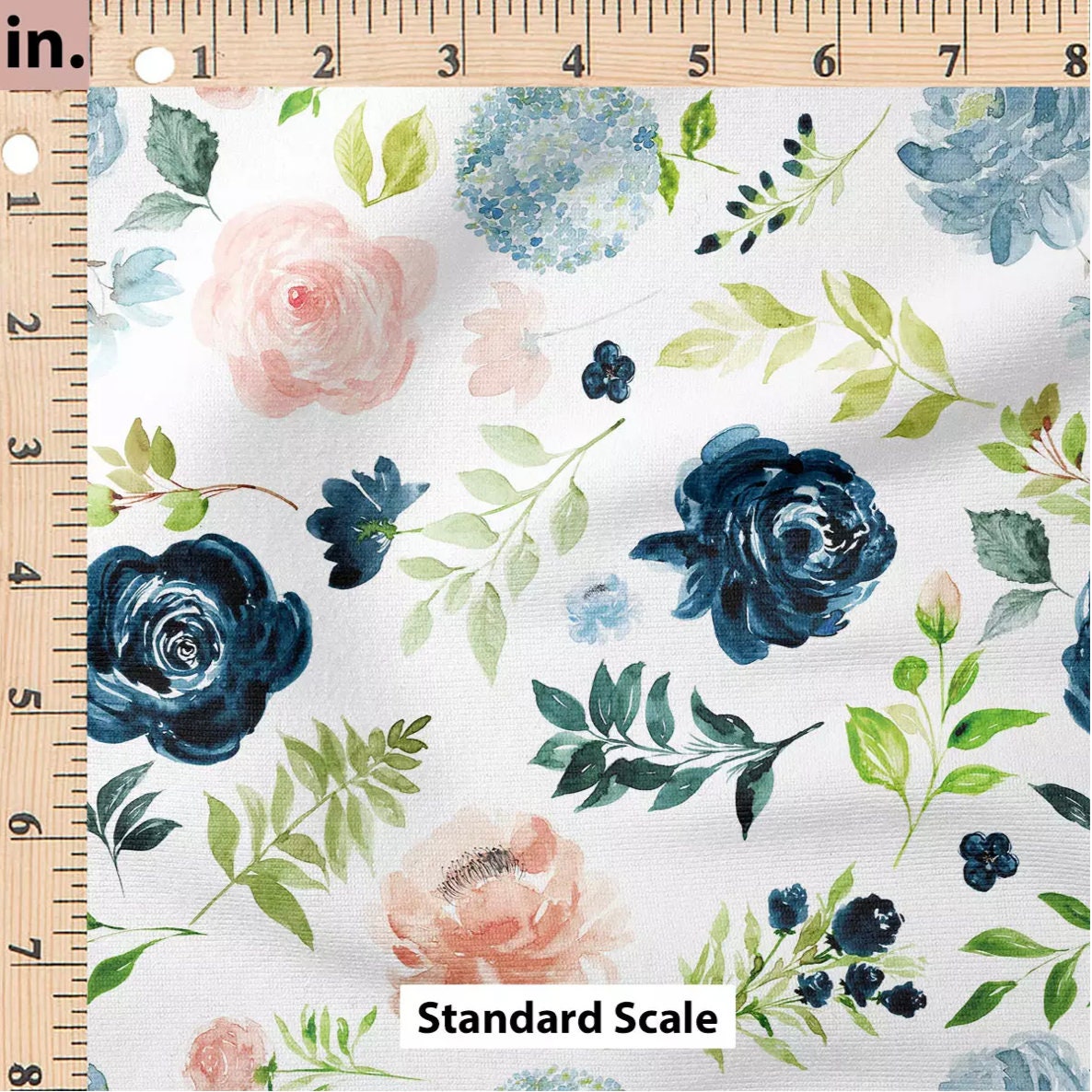 Navy and Blush Floral Fabric, Blue and Pink Rose and Hydrangea ...