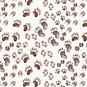 Woodland Animal Tracks, Paw Prints Watercolor, Cotton Fabric by the Yard