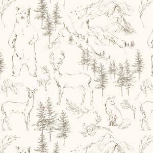 Sketch Woodland Animals Fabric, Forest, Mountains, Bear, Deer, Neutral, Cotton Fabric by the Yard