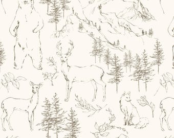 Sketch Woodland Animals Fabric, Forest, Mountains, Bear, Deer, Neutral, Cotton Fabric by the Yard