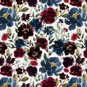 Burgundy and Navy Floral Fabric, Scarlett Floral, Painted Flowers, Cotton Fabric by the Yard