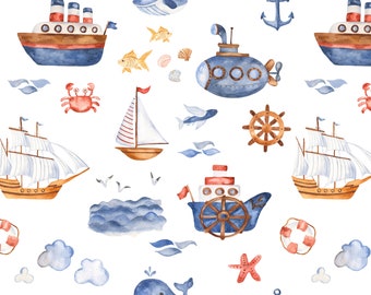 Nautical Boat Fabric, Beach Submarine Print, Cotton by the Yard