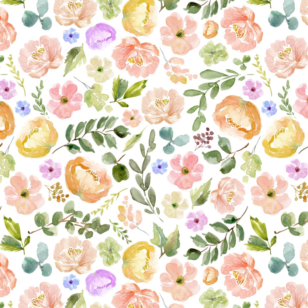 Spring Floral Fabric, Pastel Watercolor Flowers, Leaves, Cotton Fabric ...