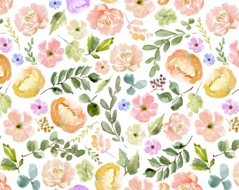 Spring Floral Fabric, Pastel Watercolor Flowers, Leaves, Cotton Fabric by the Yard