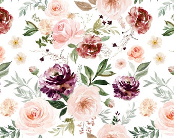 Watercolor Pink Floral Fabric by the Yard, Sweetheart Florals, Bush, Girl Nursery, Cottagecore, Cotton Fabric