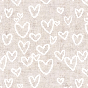 Neutral Hearts Fabric, Cute Sketch Hearts on Beige, Cotton Fabric by the Yard