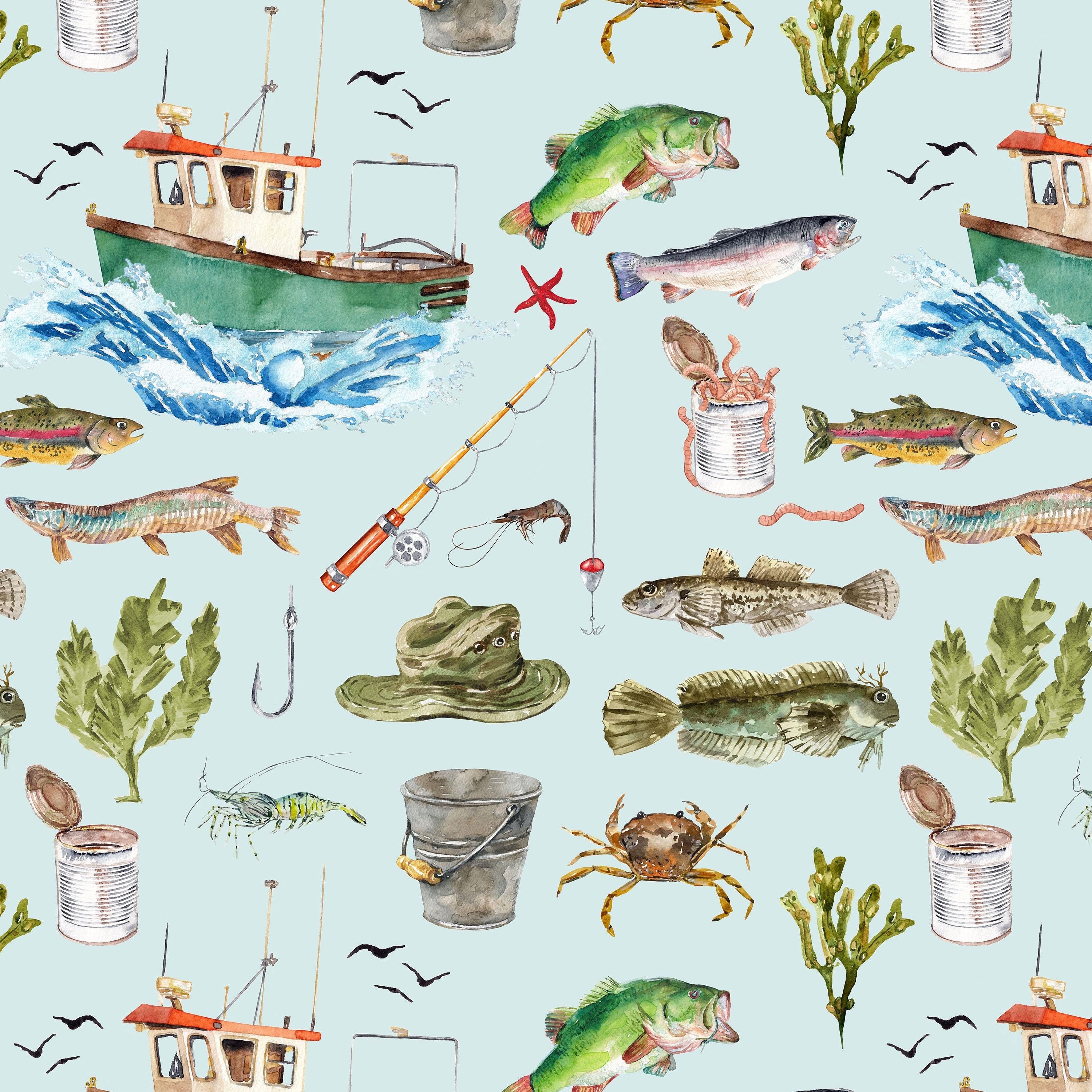Fishing Fabric, Ocean Adventure - Kona Cotton, Sateen, Knit, Twill ...