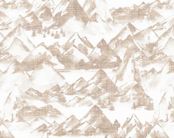 Neutral Mountain Fabric by the Yard, Watercolor Mountains Texture, Beige, Brown, Cotton Fabric by the Yard