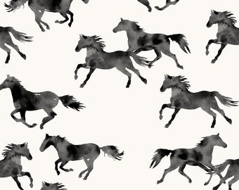 Horse Fabric, Equestrian, Western, Cowboy, Watercolor Horses, Cotton Fabric by the Yard