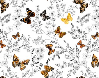 Butterfly Garden Floral Fabric, Watercolor Butterflies, Botanical Sketch, Cotton Fabric by the Yard