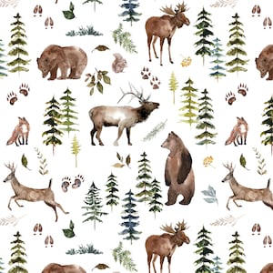 Woodland Animals Fabric, Gender Neutral Nursery Fabric with Bear, Deer, Fox, Forest, Cotton Fabric by the Yard