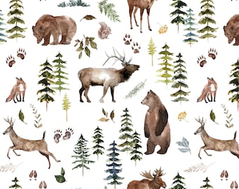 Woodland Animals Fabric, Gender Neutral Nursery Fabric with Bear, Deer, Fox, Forest, Cotton Fabric by the Yard