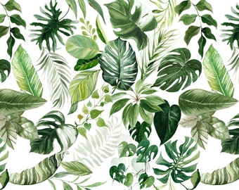Tropical Leaves Fabric by the Yard, Rainforest, Plants, Nature, Botanical, Quilting Cotton, Sateen, Cotton Spandex, Home Decor Fabric