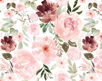 Blush Floral Nursery Fabric, Quilt Cotton, Sateen, Knit Fabric by the Yard