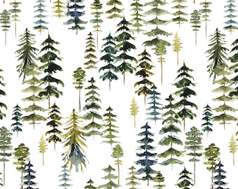 Woodland Trees Fabric, Watercolor Forest Tree, Woods, Cotton Fabric by the Yard