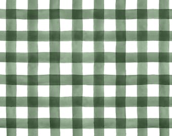 Dark Green Buffalo Check Fabric, Watercolor Plaid Checkers, Coordinate, Cotton Fabric by the Yard