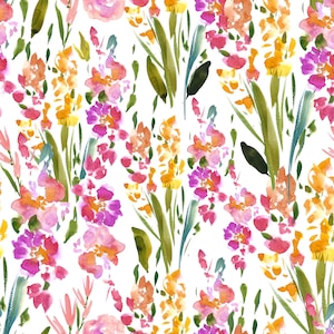 Flower Fields Fabric, Colorful Wildflowers, Pink, Quilting Cotton, Sateen, Cotton Knit, Cotton Spandex French Terry, Home Decor Fabric