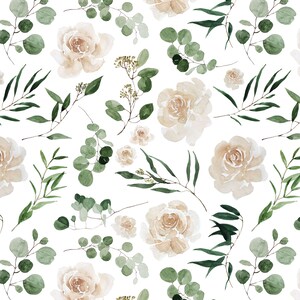 Roses and Greenery Fabric, Eucalyptus, Wedding Floral, Soft Florals, Cotton Fabric by the Yard