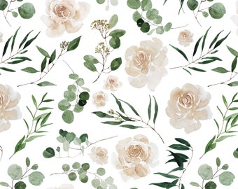 Roses and Greenery Fabric, Eucalyptus, Wedding Floral, Soft Florals, Cotton Fabric by the Yard
