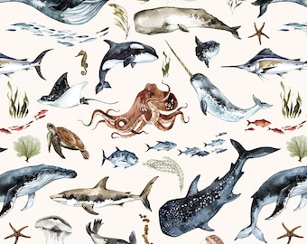 Sea Life Fabric, Ocean Animals, Whale, Underwater Animals, Cotton Fabric by the Yard