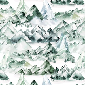 Mountain Fabric, Watercolor Mountains, Hiking, Woods, Scenic Landscape, Cotton Fabric by the Yard