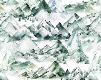 Mountain Fabric, Watercolor Mountains, Hiking, Woods, Scenic Landscape, Cotton Fabric by the Yard