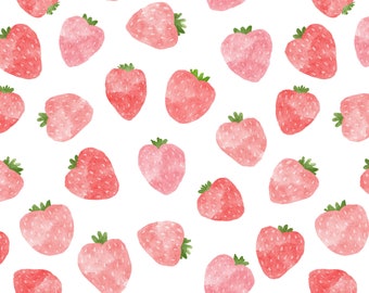 Strawberry Fruit Watercolor Fabric by the Yard in Quilting Kona Cotton and Organic Knit Fabrics - Summer Fruits, Berry Pink