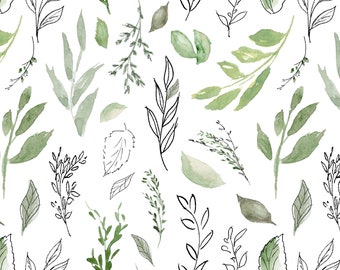 Green Leaf Fabric, Botanical Leaves, Nature, Cotton Fabric by the Yard
