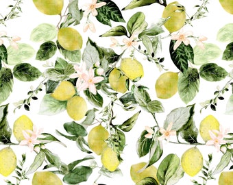 Lemon Fabric, Watercolor Lemons and Florals, Citrus, Lemonade, Cotton Fabric by the Yard