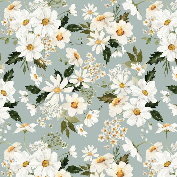 Daisy Fabric, Watercolor Floral, Cottagecore, Kona Cotton, Sateen, Cotton Spandex, Linen Cotton Canvas Fabric by the Yard