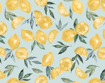 Watercolor Lemon Fabric, Summer Citrus Print, Kona Cotton, Sateen, Twill, Rib Knit, Cotton Spandex Fabric by the Yard