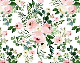 Eucalyptus Floral Fabric, Pink Blush Flowers, Cotton Fabric by the Yard