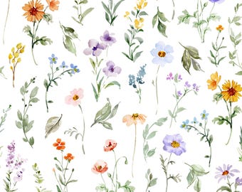 Watercolor Wildflowers Fabric, Floral Print, Kona Cotton, Sateen, Linen