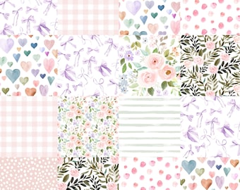 Blush Floral Cheater Quilt, Pastel, Pink and Sage, Girly, Girl Nursery, Cotton Fabric by the Yard