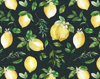 Yellow Lemon Fabric, Summer Citrus, Watercolor Lemons, Botanical Fruit, Cotton Fabric by the Yard