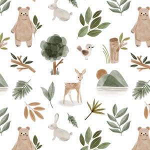 Gender Neutral Woodland Fabric, Forest Animals, Mountains, Nature, Cotton Fabric by the Yard