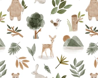 Gender Neutral Woodland Fabric, Forest Animals, Mountains, Nature, Cotton Fabric by the Yard