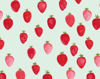 Garden Strawberries Fabric, Watercolor Fruit, Berries, Summer, Cotton Fabric by the Yard