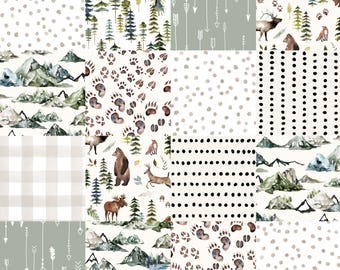 Woodland Boy Cheater Quilt Fabric, Forest Friends, Rustic, Nature, Nursery, Cotton Fabric by the Yard