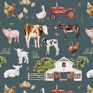 Farm Fabric, Barnyard Animals, Cow, Pig, Chickens, Children&#39;s Fabric, Cotton Fabric by the Yard