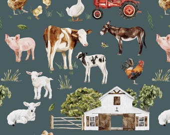 Farm Fabric, Barnyard Animals, Cow, Pig, Chickens, Children's Fabric, Cotton Fabric by the Yard