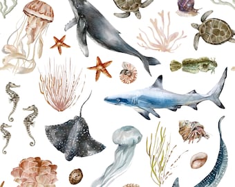 Ocean Fauna Fabric by the Yard, Underwater Animals, Shark, Whales, Sea Creatures, Cotton Fabric by the Yard