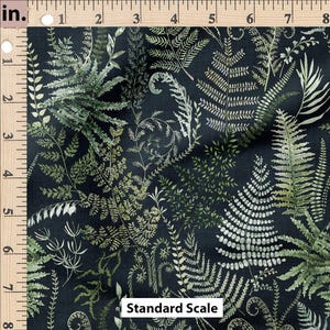 May include: Dark fabric with a fern pattern in shades of green and white. The design features various fern types and other foliage against a black background. The text "Standard Scale" is visible.