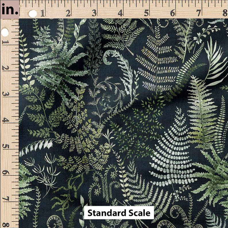 May include: Dark fabric with a fern pattern in shades of green and white. The design features various fern types and other foliage against a black background. The text "Standard Scale" is visible.