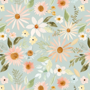 Pastel Floral Fabric, Watercolor Sunflowers Botanical, Pink and Light Blue, Girl Nursery, Cotton Fabric by the Yard