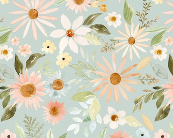 Pastel Floral Fabric, Watercolor Sunflowers Botanical, Pink and Light Blue, Girl Nursery, Cotton Fabric by the Yard