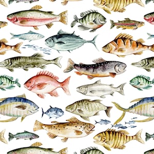 May include: Watercolor illustration of various fish species on a white background. The image features a variety of colorful fish, including trout, tuna, and perch, in shades of red, blue, green, and yellow. The fish are arranged in a repeating pattern.