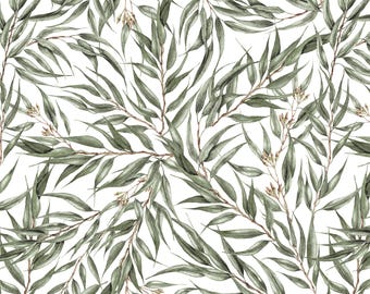 Sage Leaf Fabric, Watercolor Willow Leaves, Greenery, Cotton Fabric by the Yard