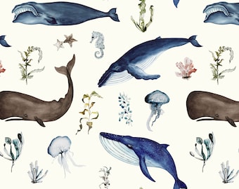 Watercolor Whales Fabric, Under the Sea, Gender Neutral Nursery, Cotton Fabric by the Yard